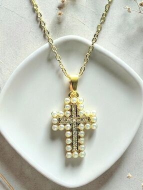 Gold Pearl Cross Pendant Necklace for Women